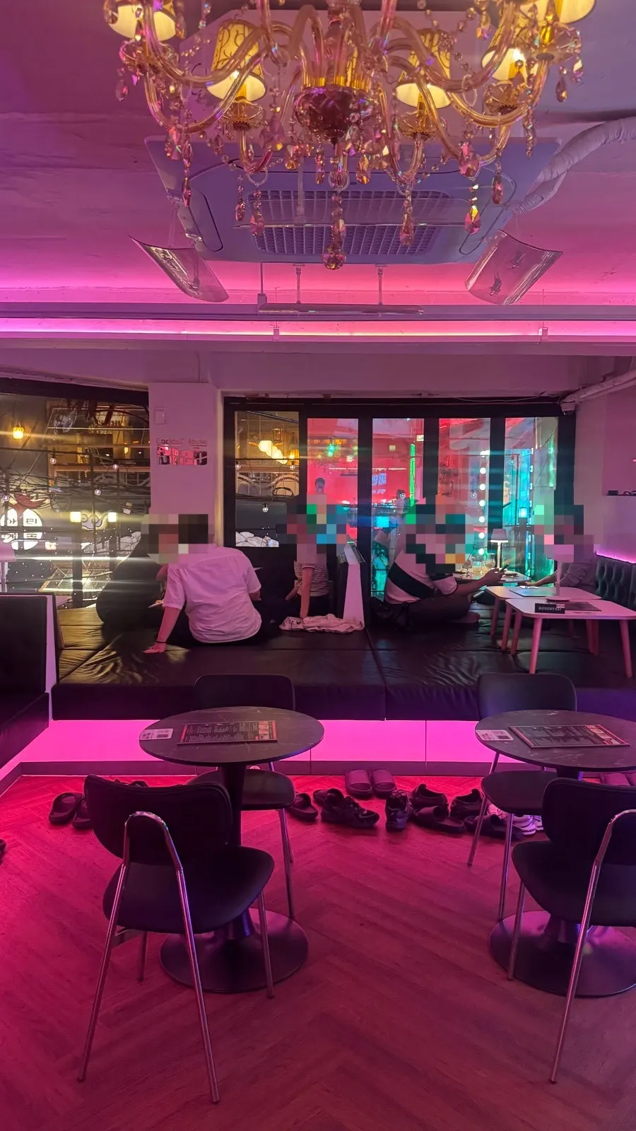 Interior seating at V-Lab Konkuk under purple lighting