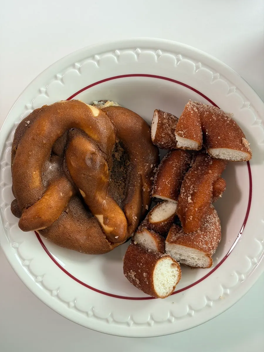 Mocha pretzel and churro pretzel packed to go