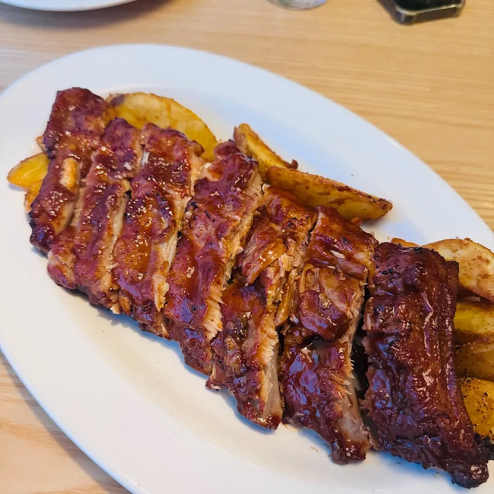 Close-up of the sauce-glazed BBQ pork ribs