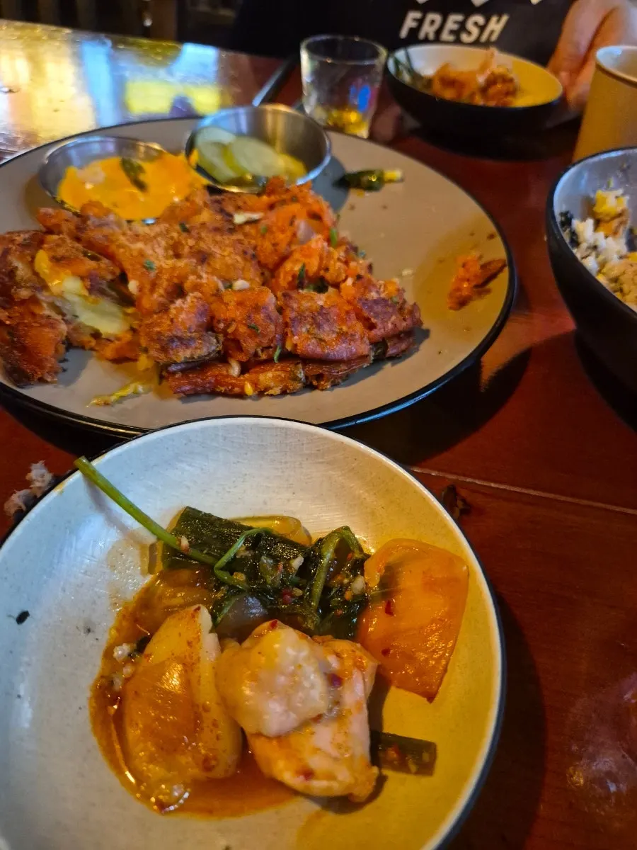A spread of gopdoritang and sweet potato kimchi pancake