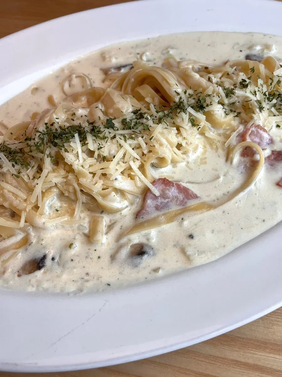 A plate of gorgonzola cream fettuccine