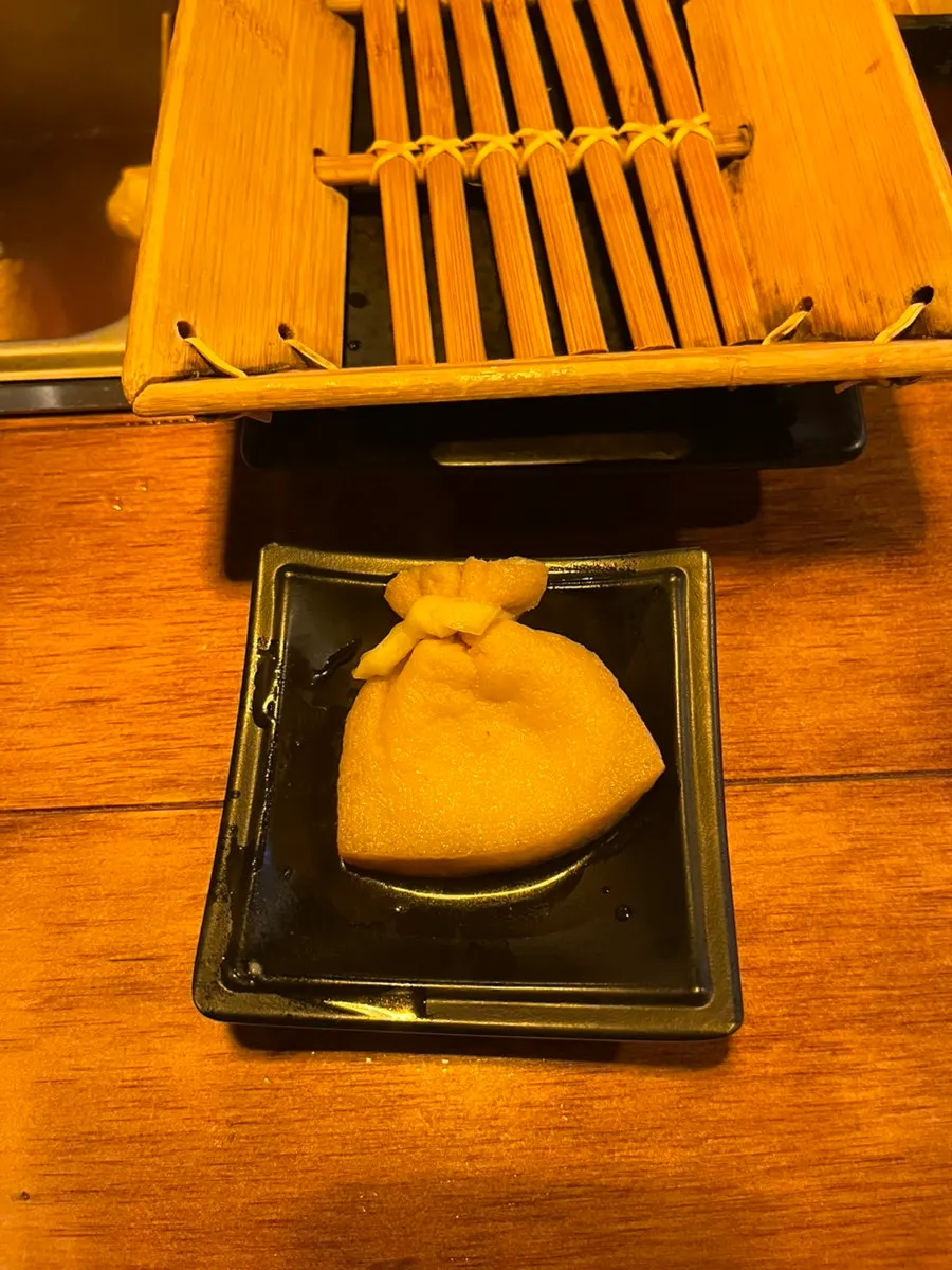 A piece of spicy squid fish cake