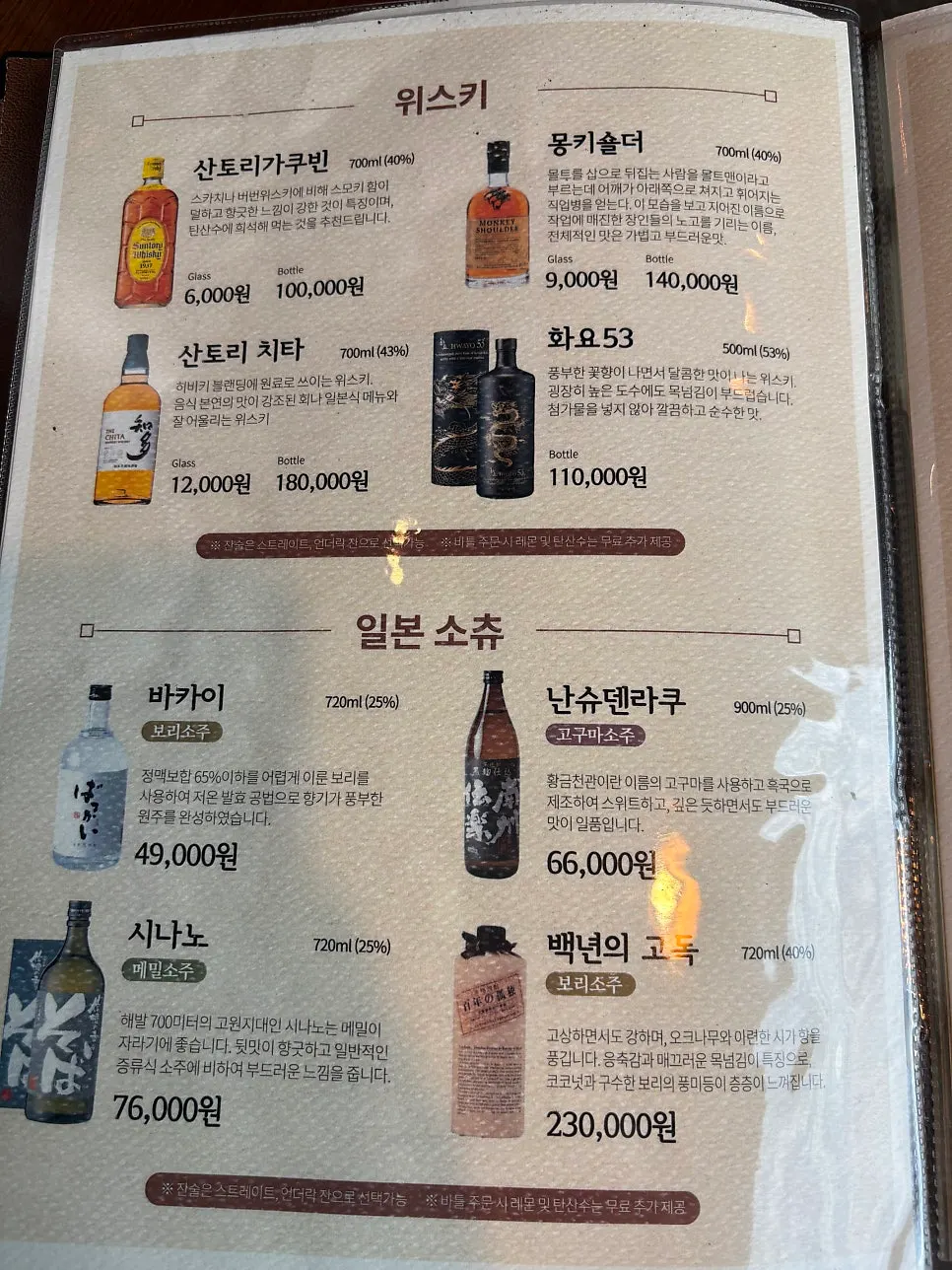 남해물고기 주류 메뉴판