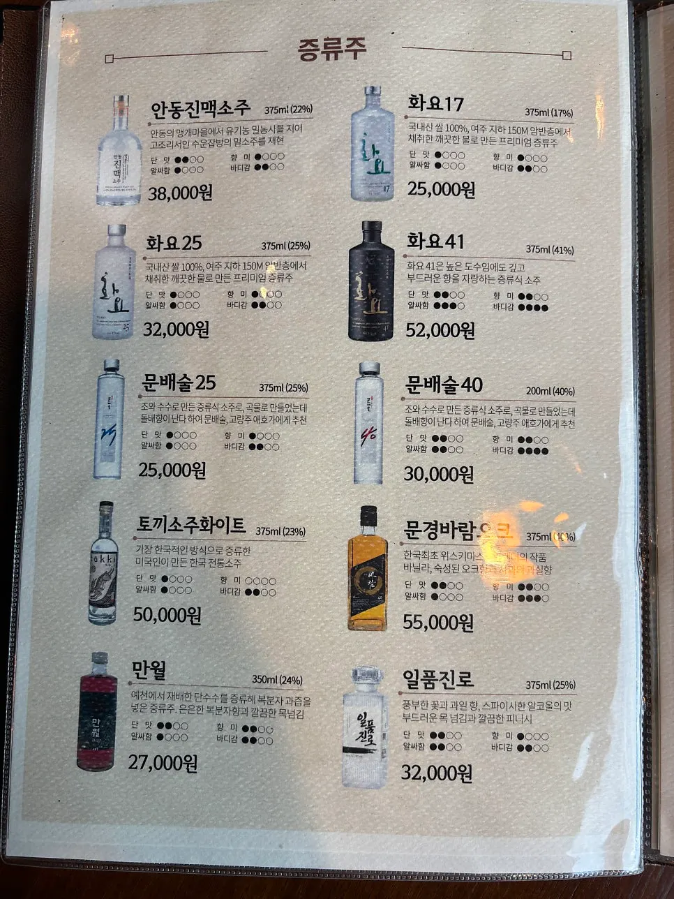 약청주와 증류주 메뉴 페이지