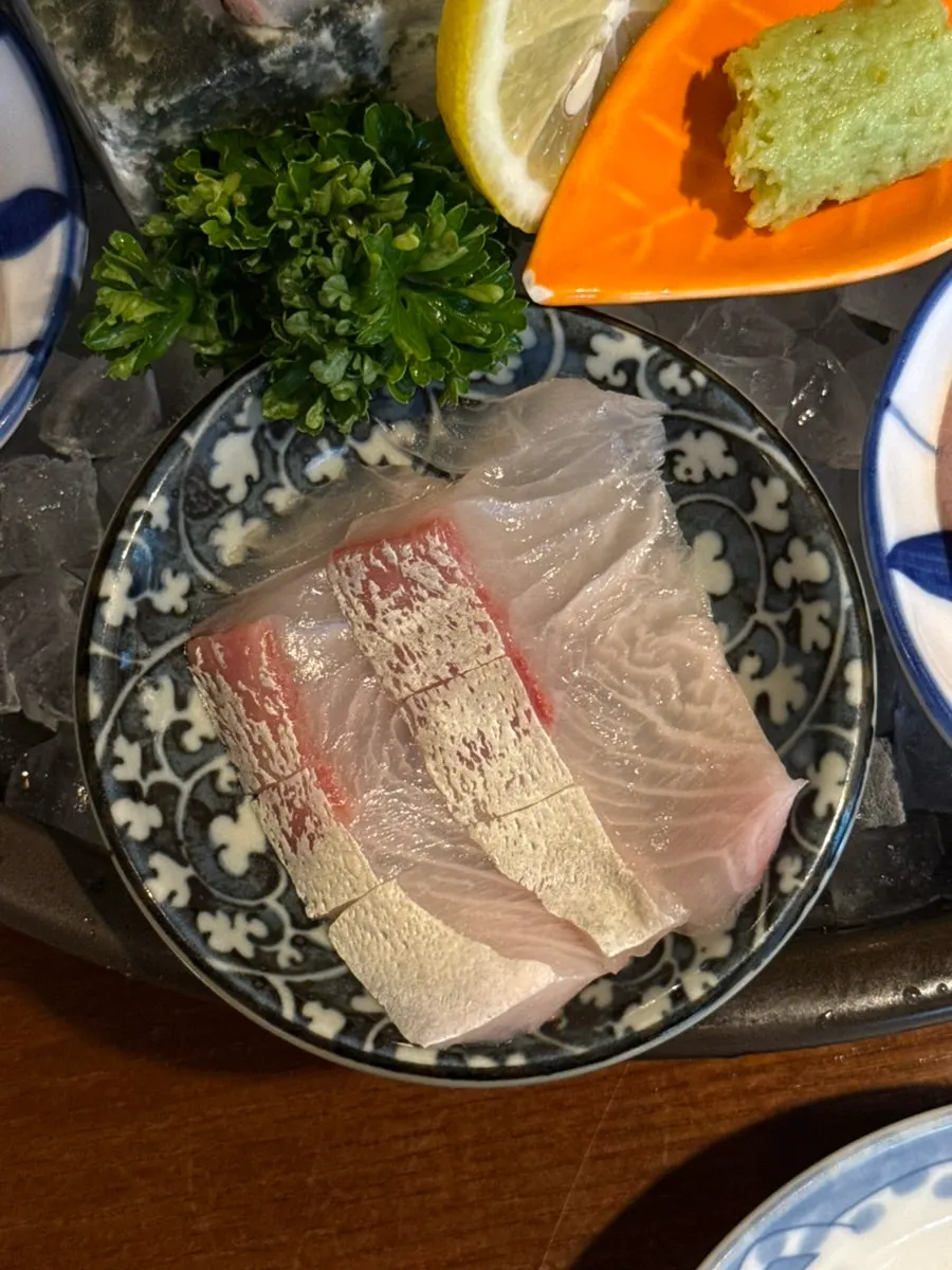 Thickly sliced yellowtail amberjack sashimi