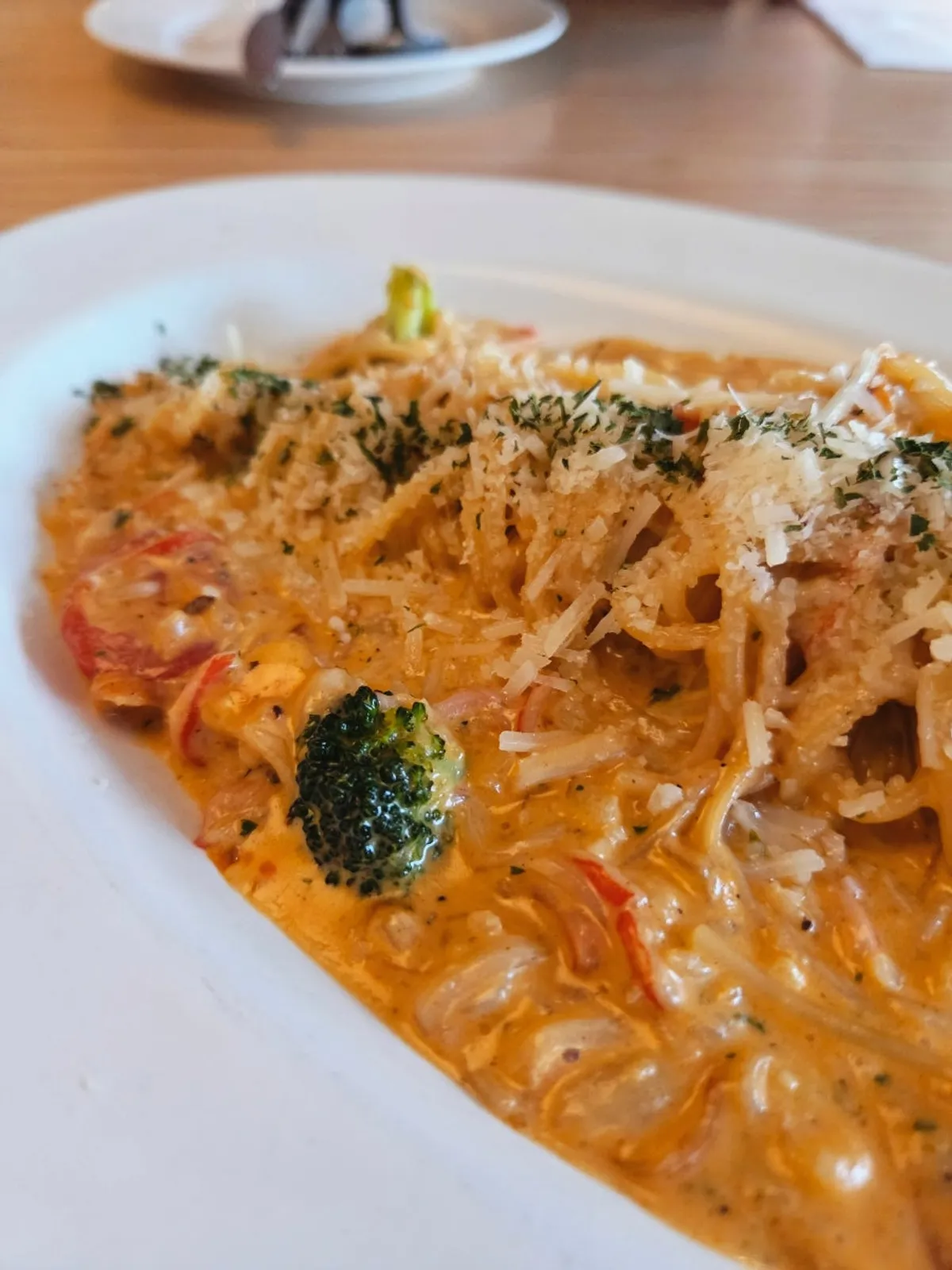 Close-up of Spicy Crabby Pasta topped with crab meat