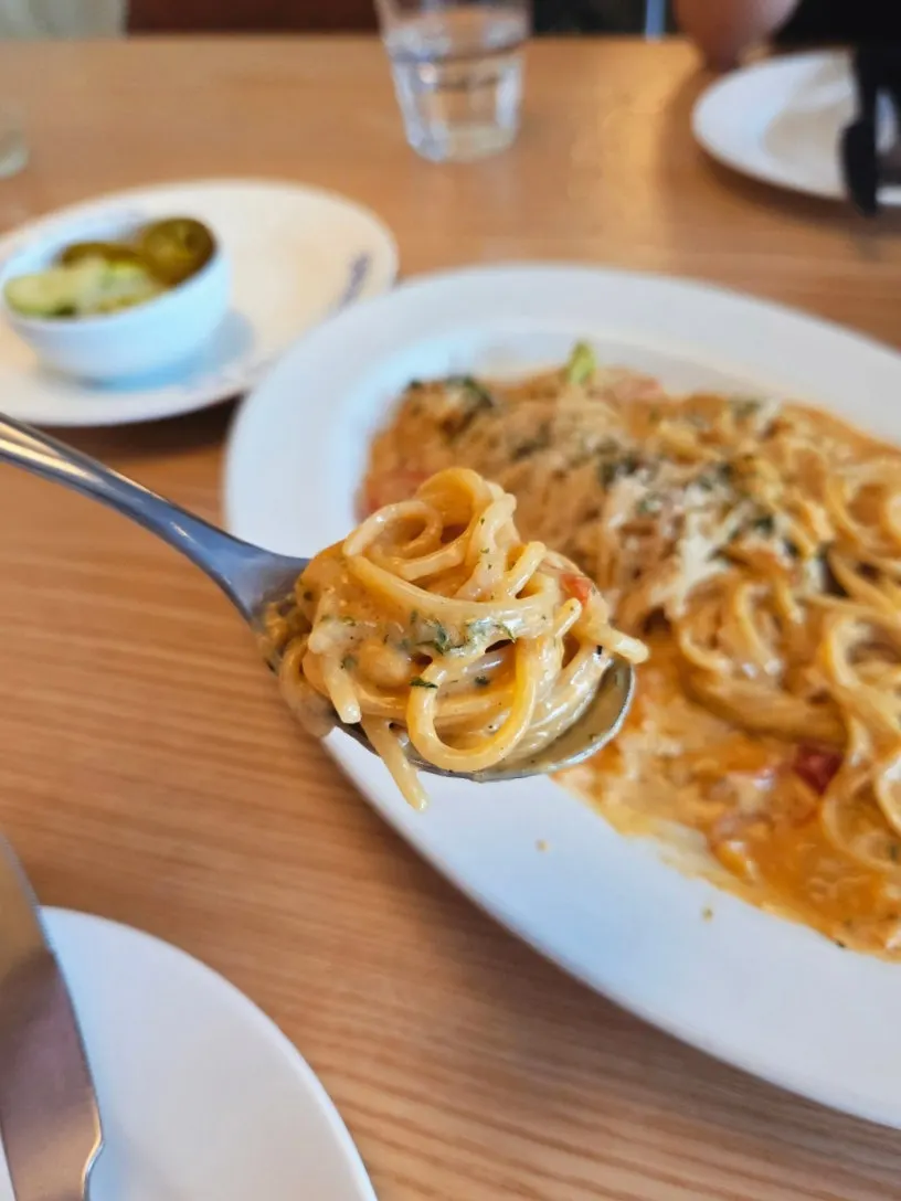 Pasta noodles coated in cream sauce