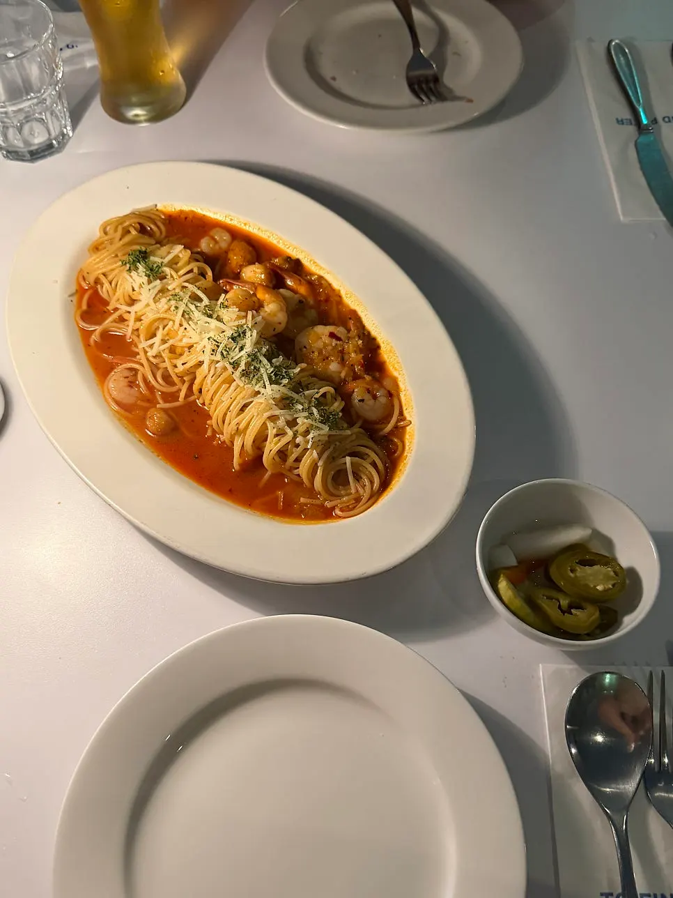 Hot shrimp garlic pasta piled high with shrimp