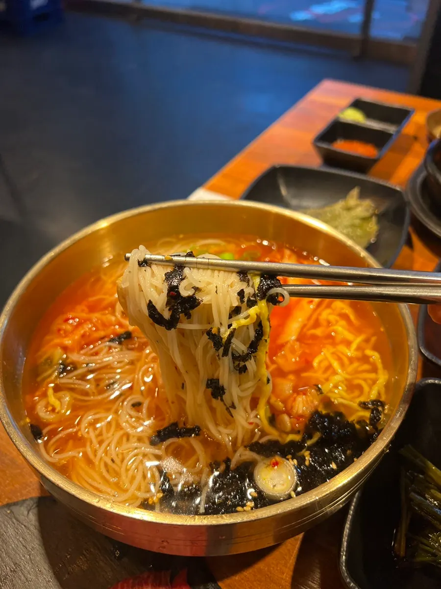 A generous portion of kimchi-mari cold noodles
