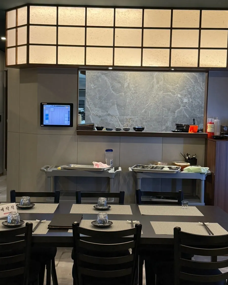 Black-and-white-toned restaurant interior