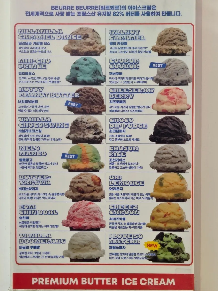 Sign listing Beurre Beurre ice cream flavors