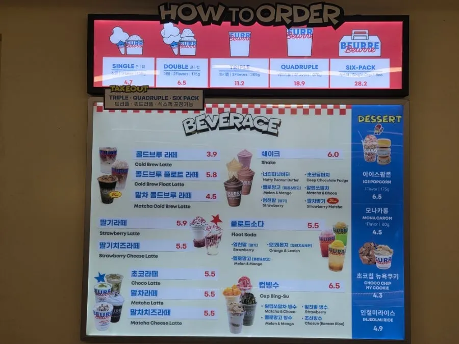 Display case with ice cream flavor name labels
