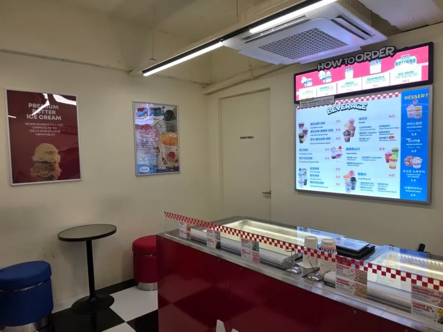 Compact store interior with tables