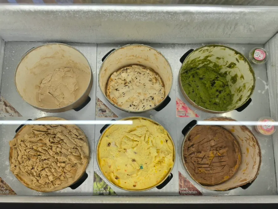 Showcase with 16 ice cream flavors