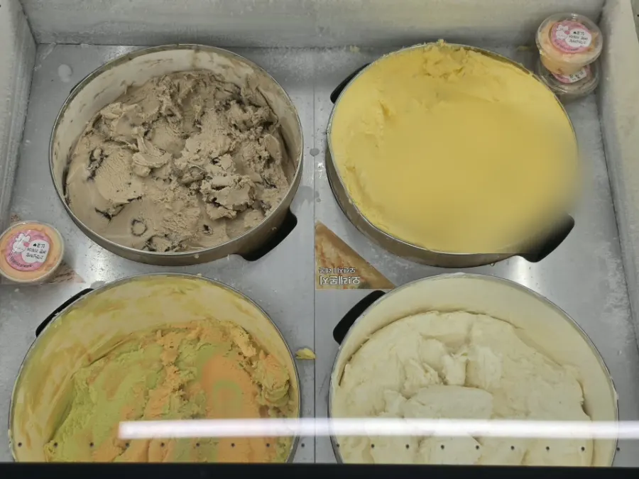 Display case of premium butter-base ice cream