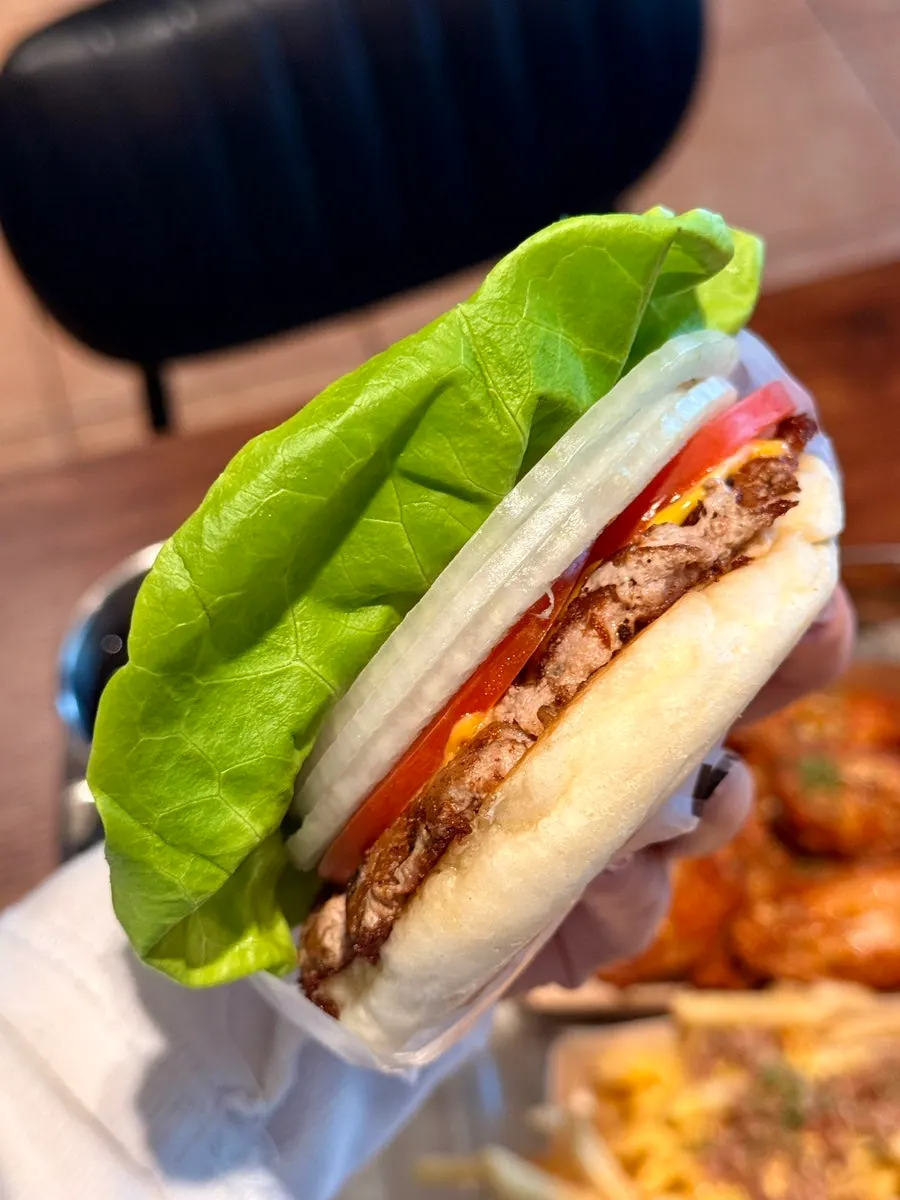 Base Burger cut in half showing the cross-section