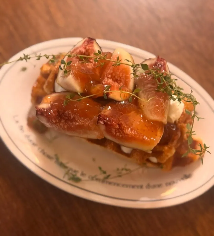 Greek yogurt croffle topped with fig