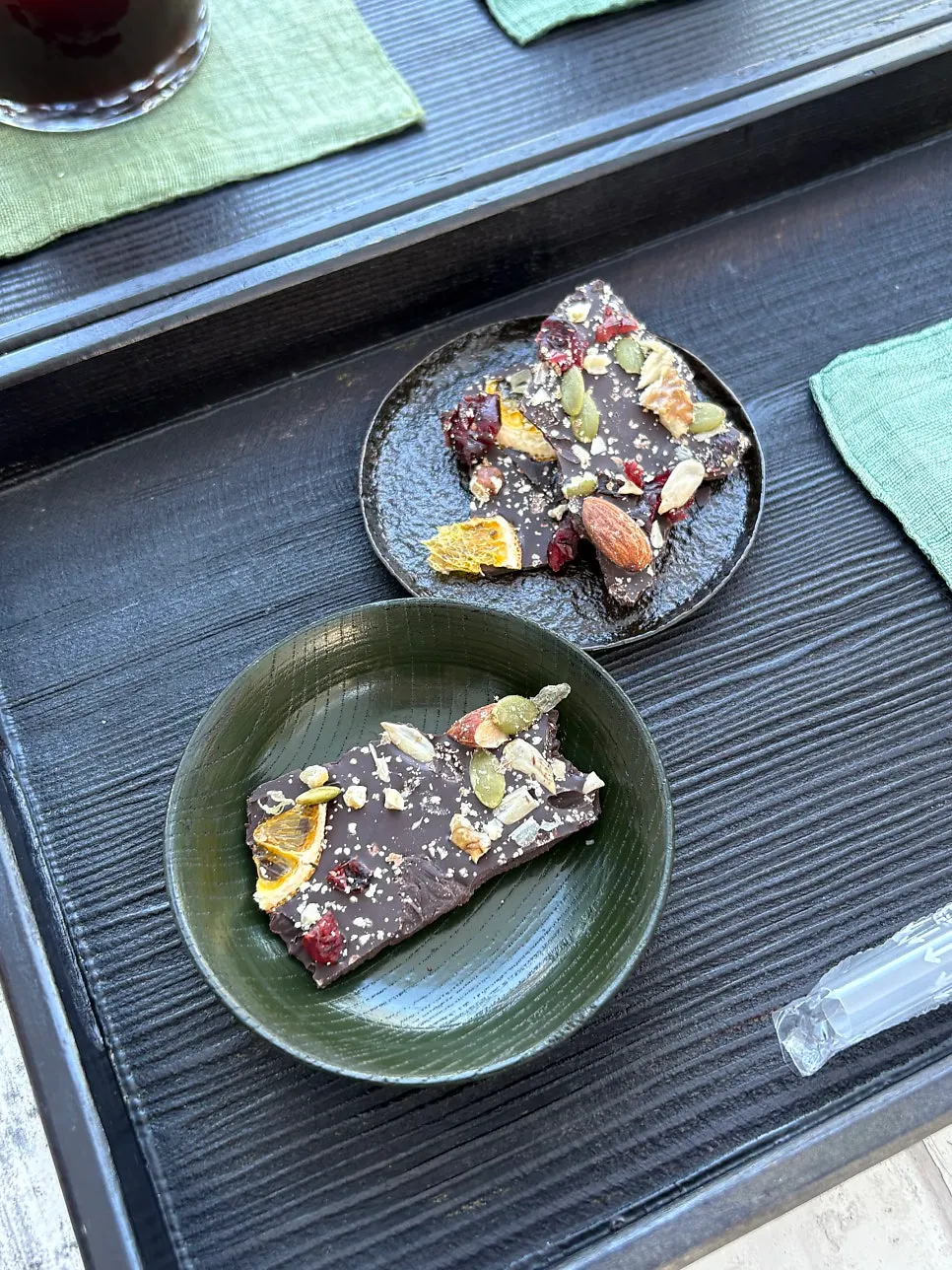 Nut chocolate served alongside the drinks