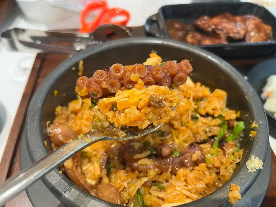 A spoonful of mixed octopus bibimbap
