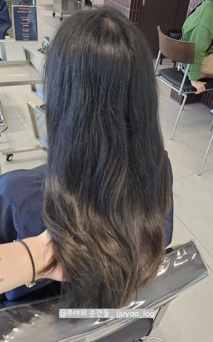 Before hair styled with a flat iron before arriving