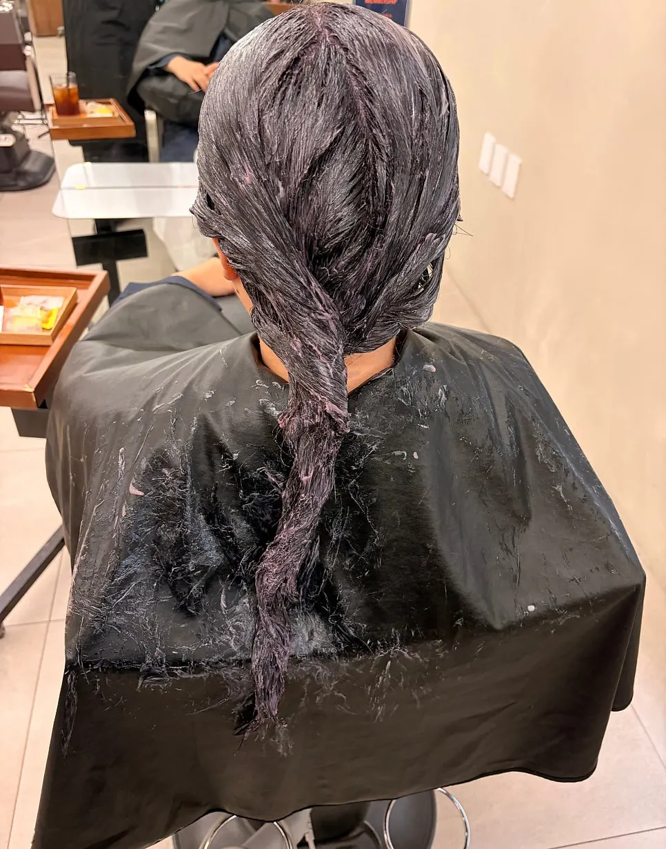 Hair with dye applied, waiting to process