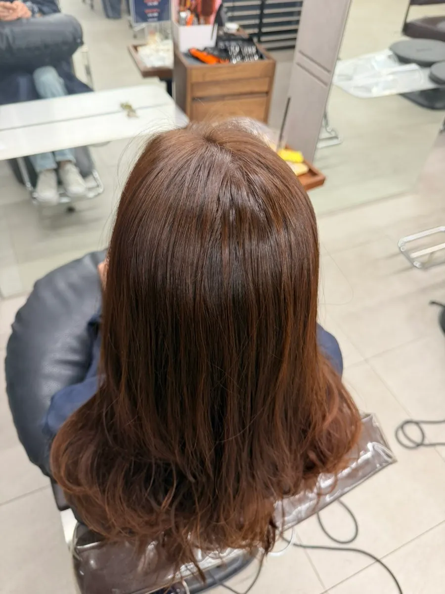 자라난 부분과 뿌리에 염색약을 도포한 모발