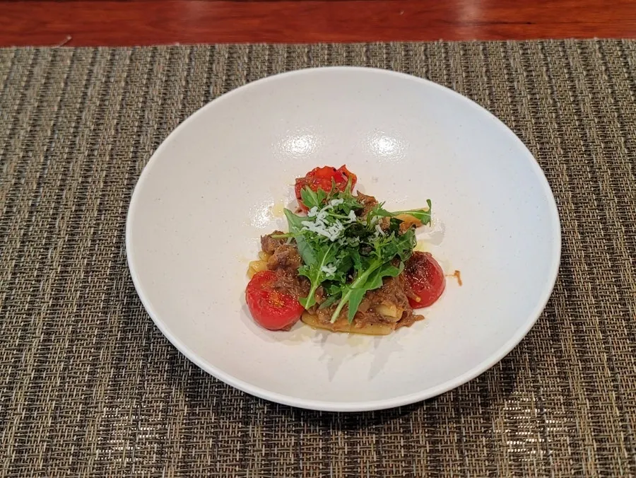 A plate of ragu pasta made with Korean beef