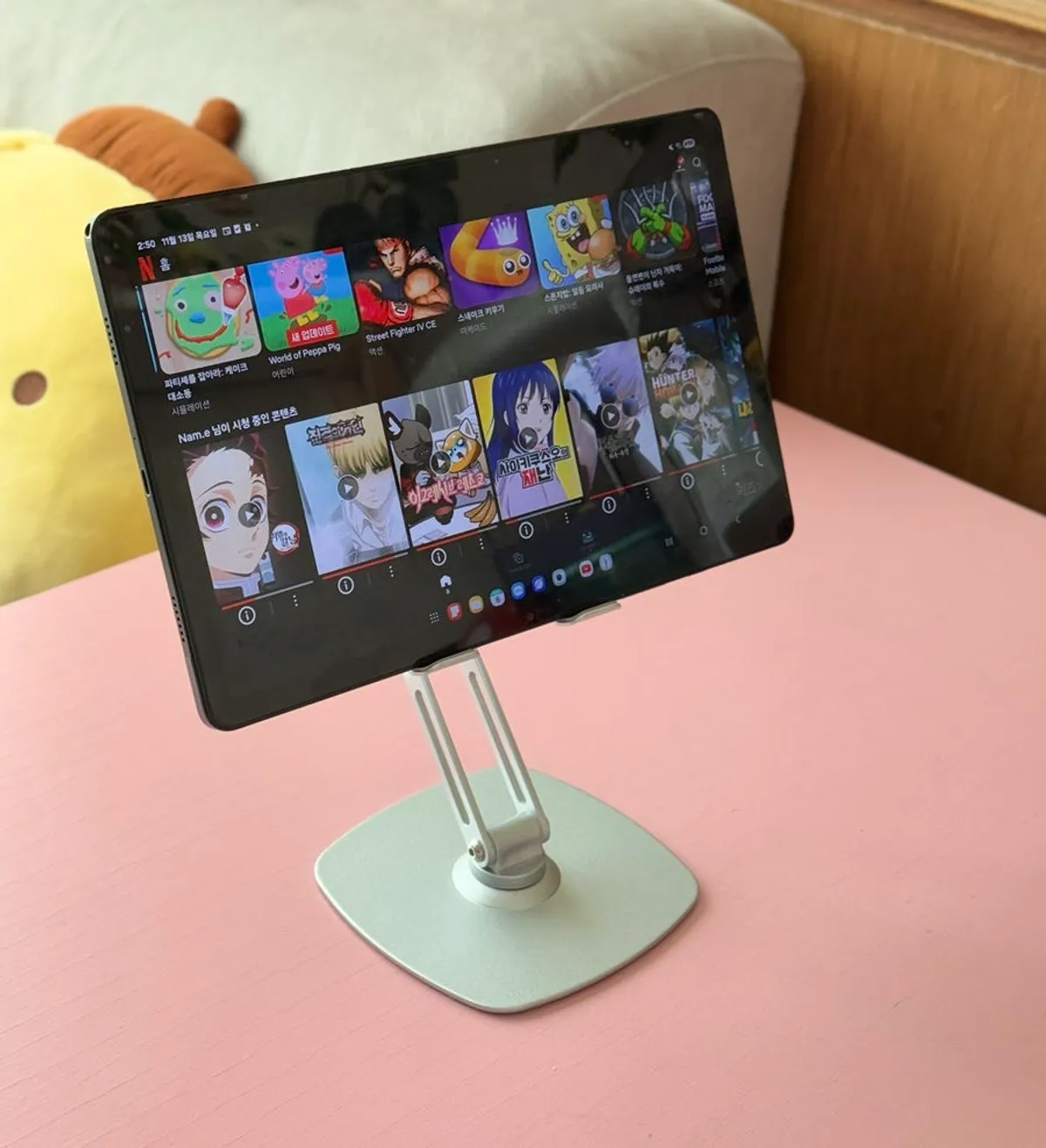 Using a tablet stand on a small desk