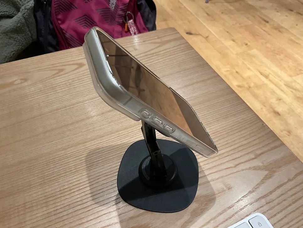 Portable iPhone stand in use