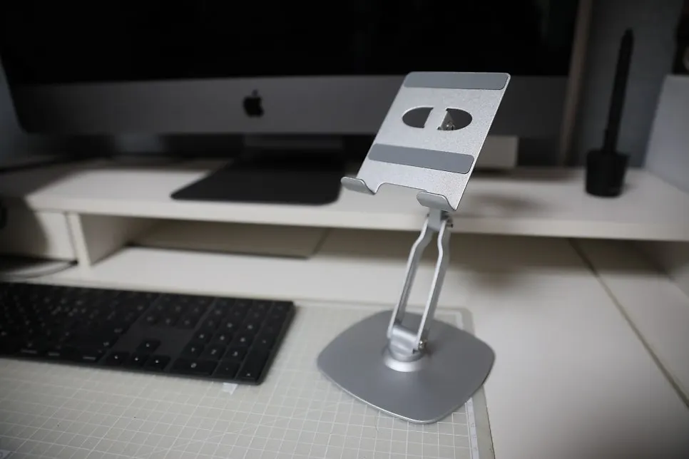 Tablet stand showing its angle adjustment feature