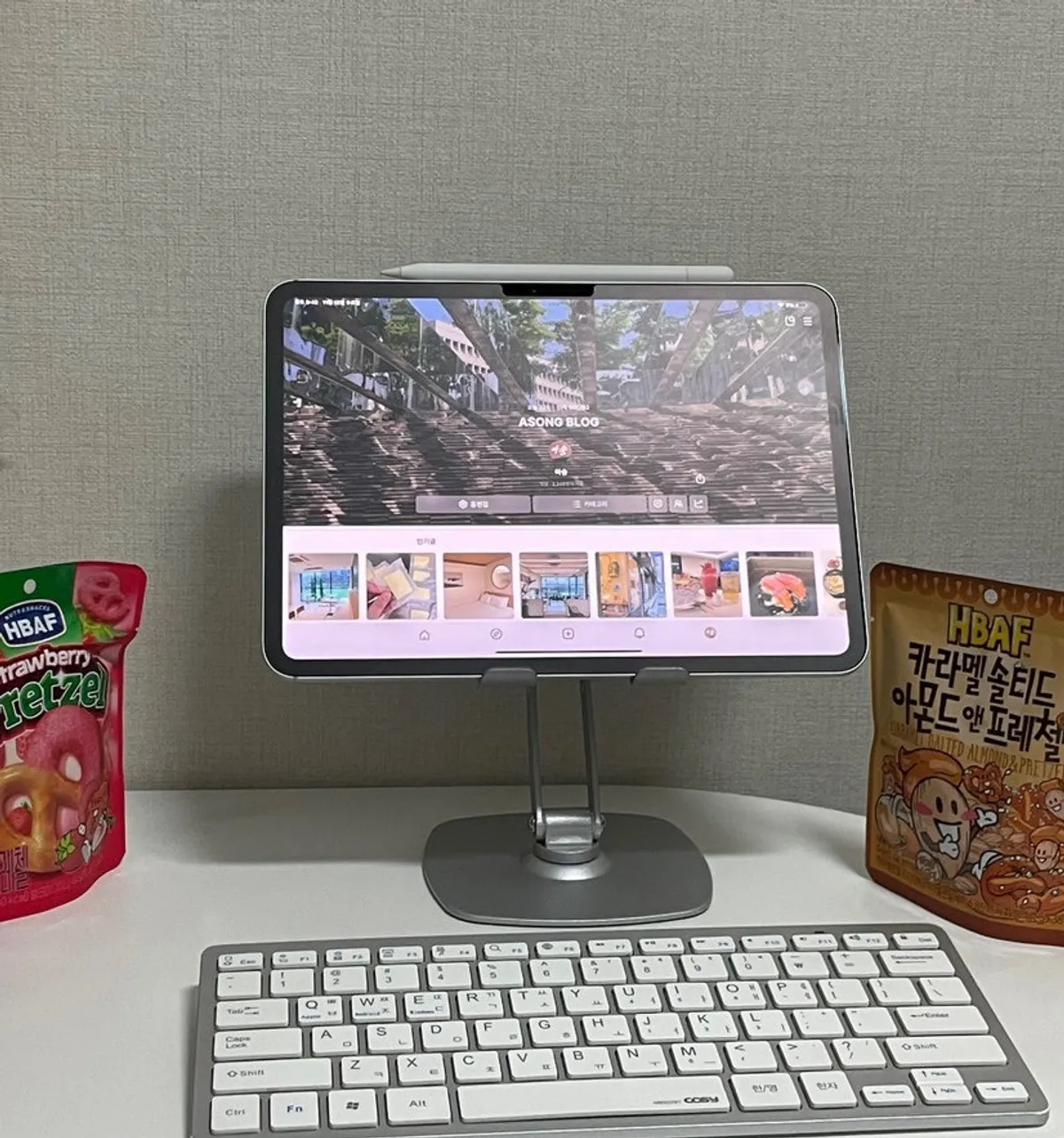 Desk setup completed with a tablet stand