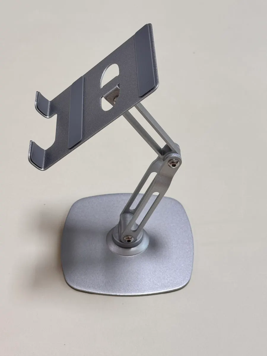 Metal-body tablet stand in use