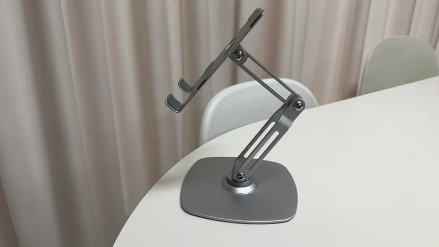 Metal stand in use with a tablet
