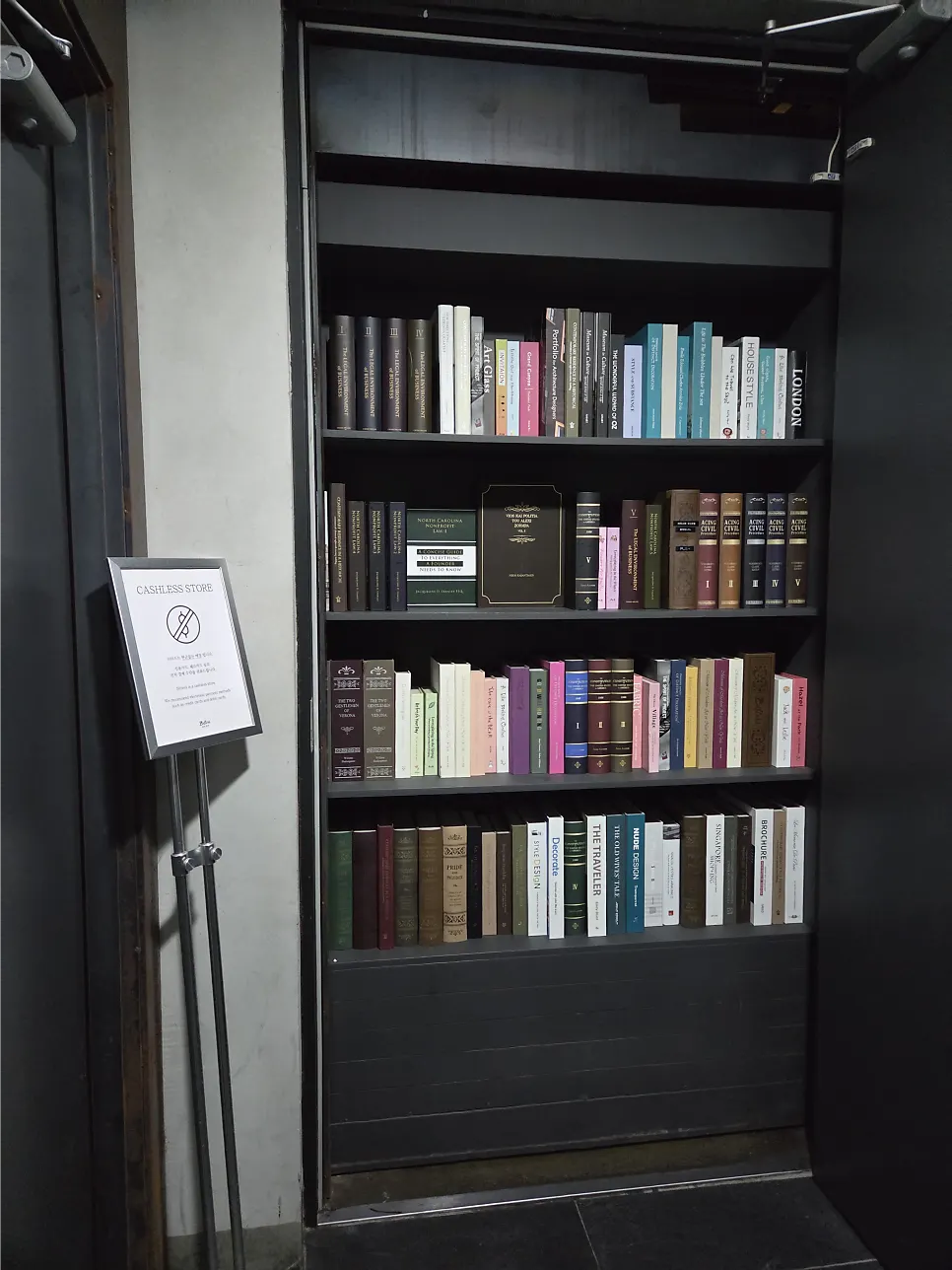 The secret bookshelf door entrance to Bitters