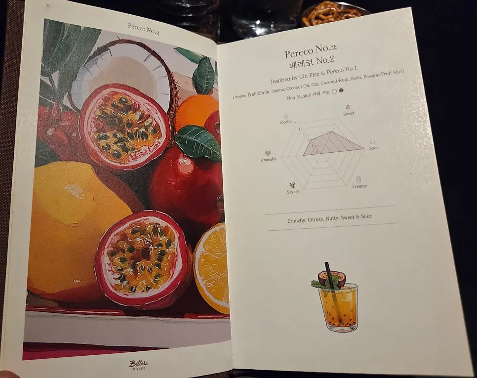 The beautifully designed Bitters signature cocktail menu