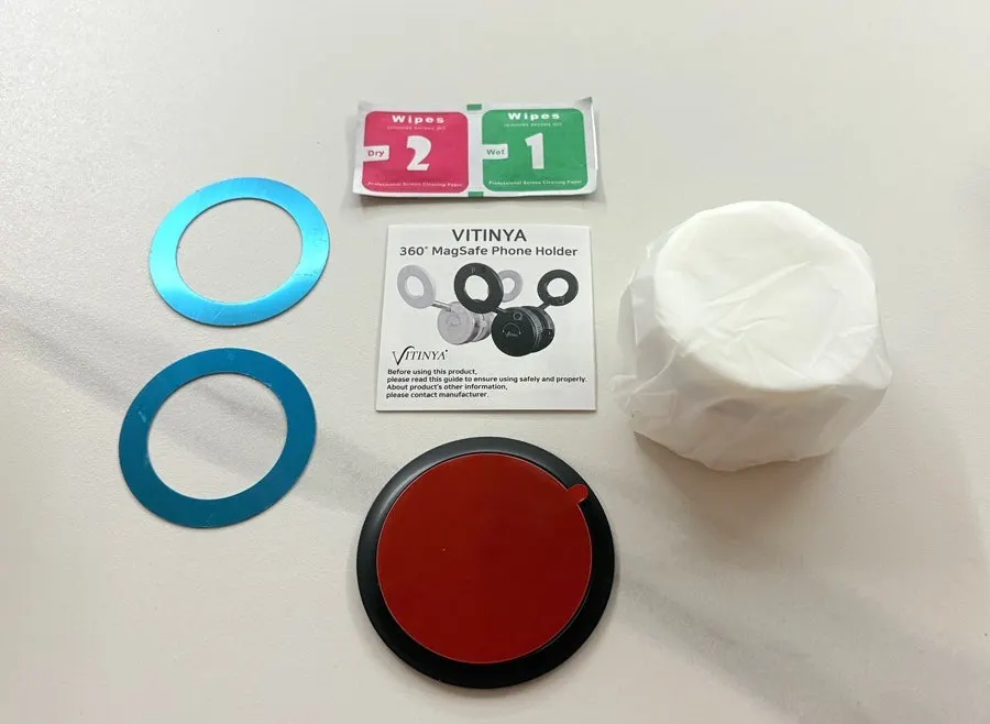 Mount, suction plate, alcohol wipe, and magnetic ring components