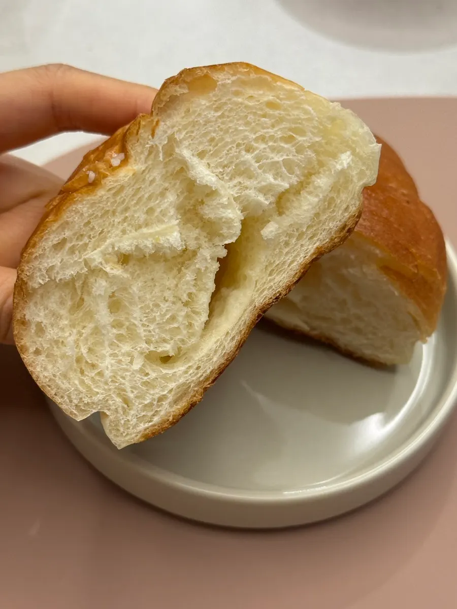 Salt bread cut in half showing its texture