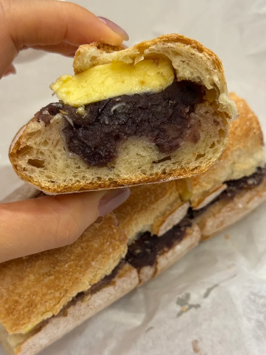 Cross-section of angbutter showing red bean paste and butter