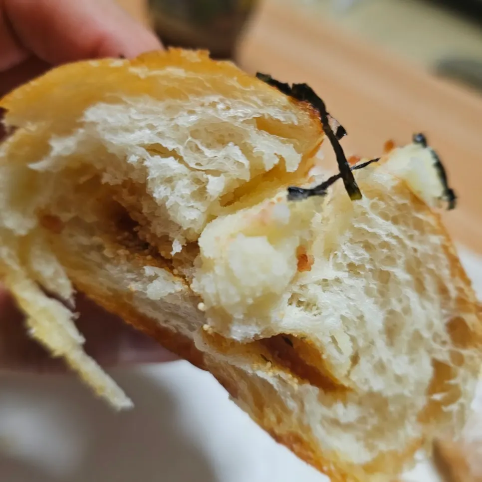 Inside of the salt bread showing mentaiko and potato