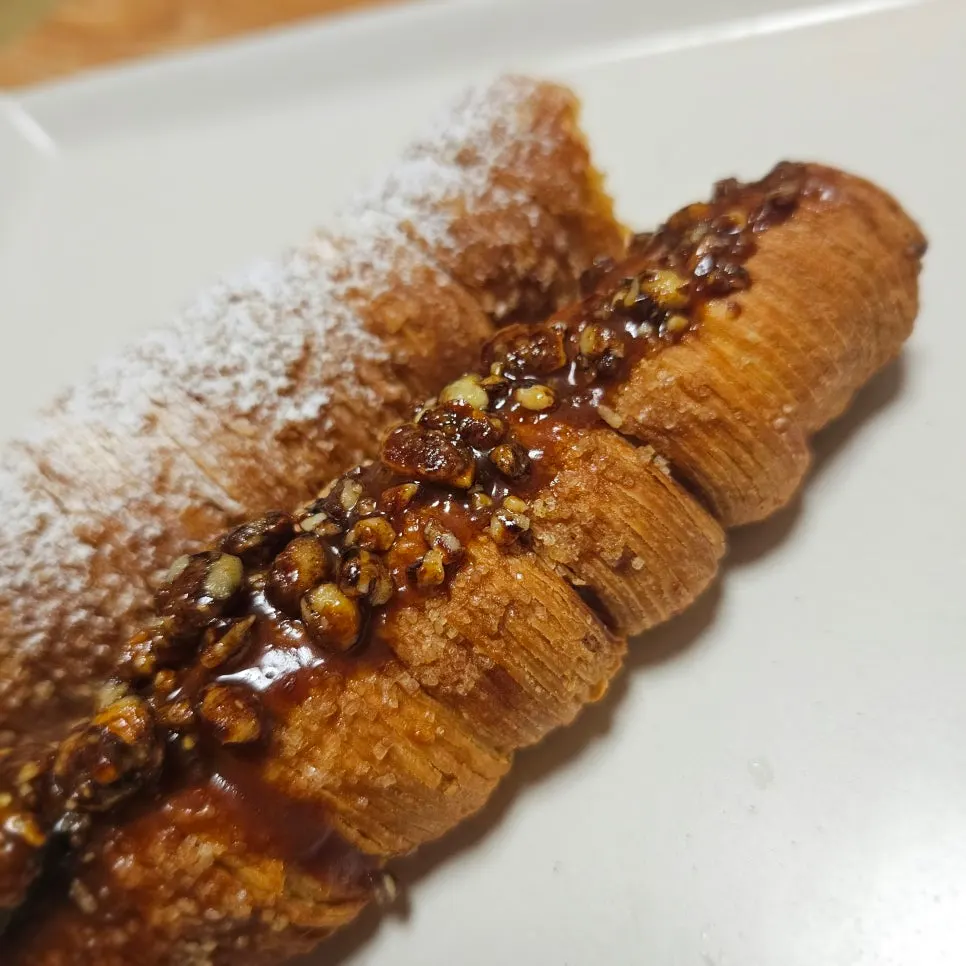 Crocan caramel cornet pie with nuts on top