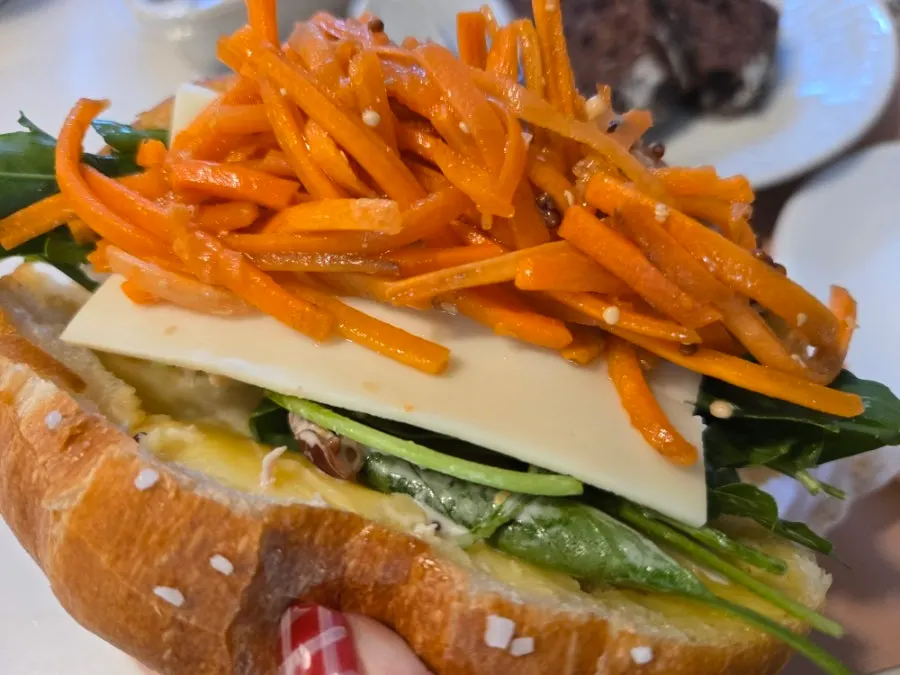 Two vegetable-packed salt bread sandwiches