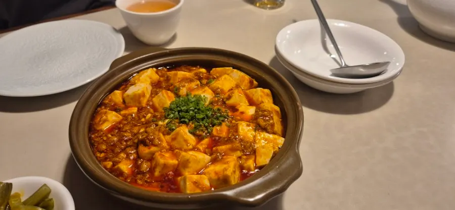 Close-up of mapa tofu loaded with minced meat