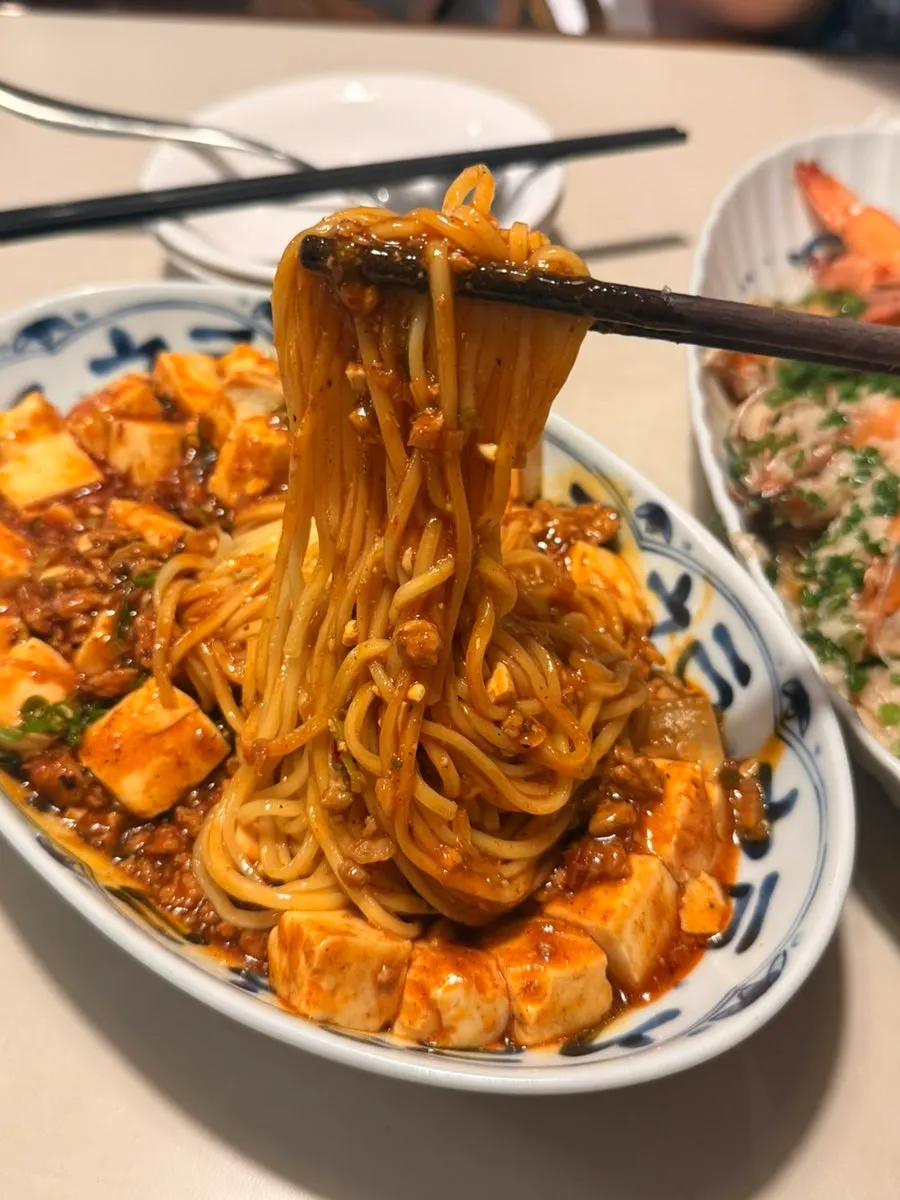 Bowl of mapo tofu noodles mixed together