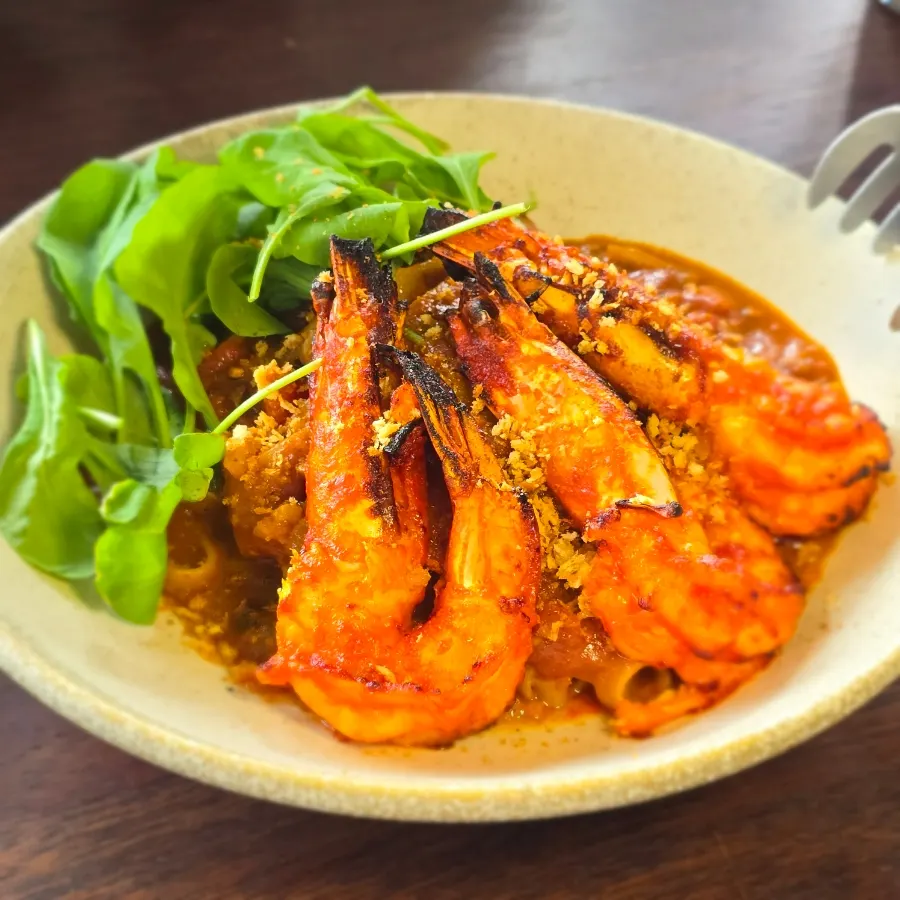A plate of Bokkeriu's shrimp bisque pasta
