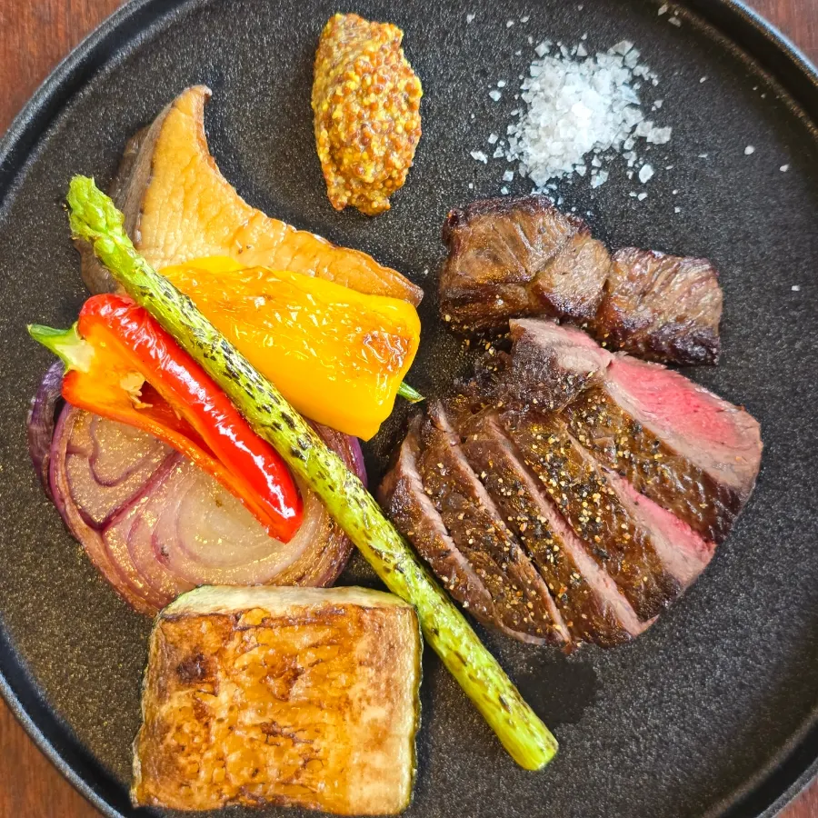 Plating of Bokkeriu's Korean beef sirloin steak