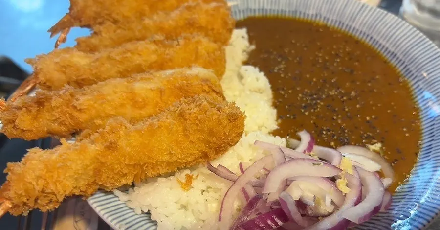 A spoonful of curry, rice, and cutlet together