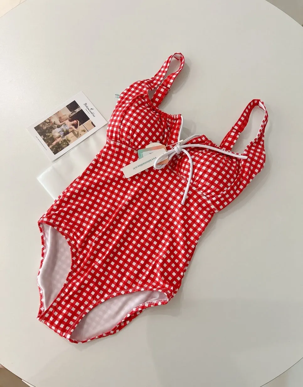 Bohemian Blue gingham check one-piece swimsuit