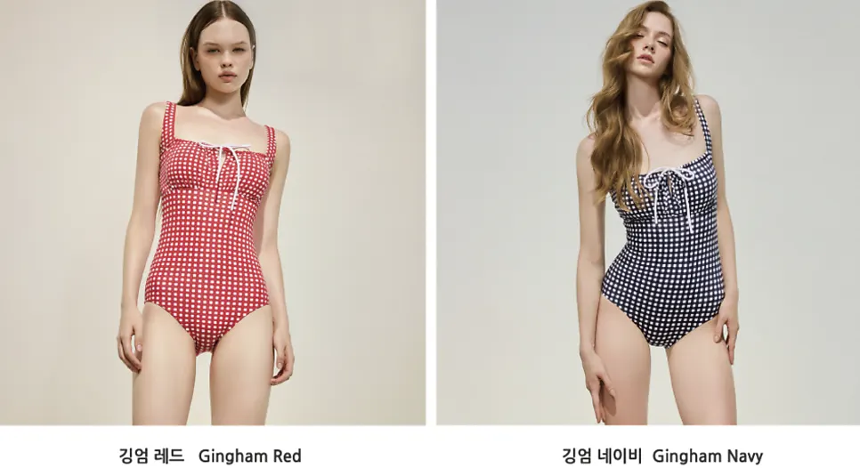 Shirring and ribbon design on the gingham one-piece swimsuit