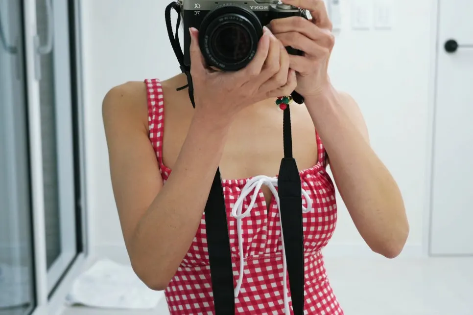Red check one-piece swimsuit with a vintage mood