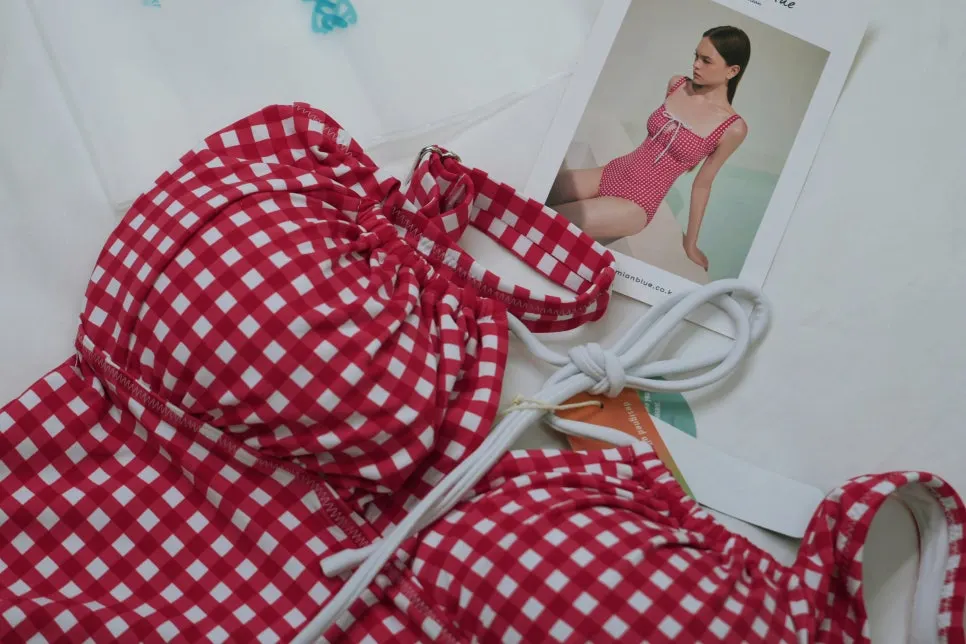 Shirring and tie-up bow on the check one-piece swimsuit